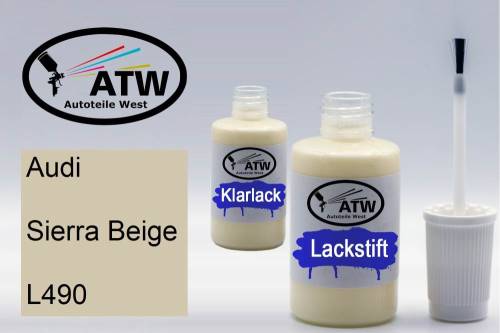 Audi, Sierra Beige, L490: 20ml Lackstift + 20ml Klarlack - Set, von ATW Autoteile West.